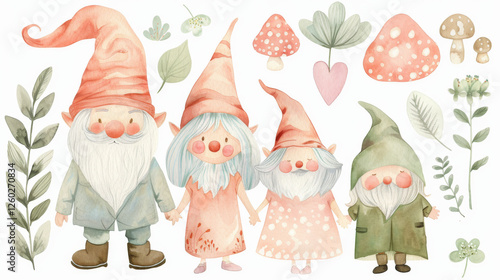 Whimsical gnome characters surrounded by nature-themed elements and soft colors. isolated on white background.