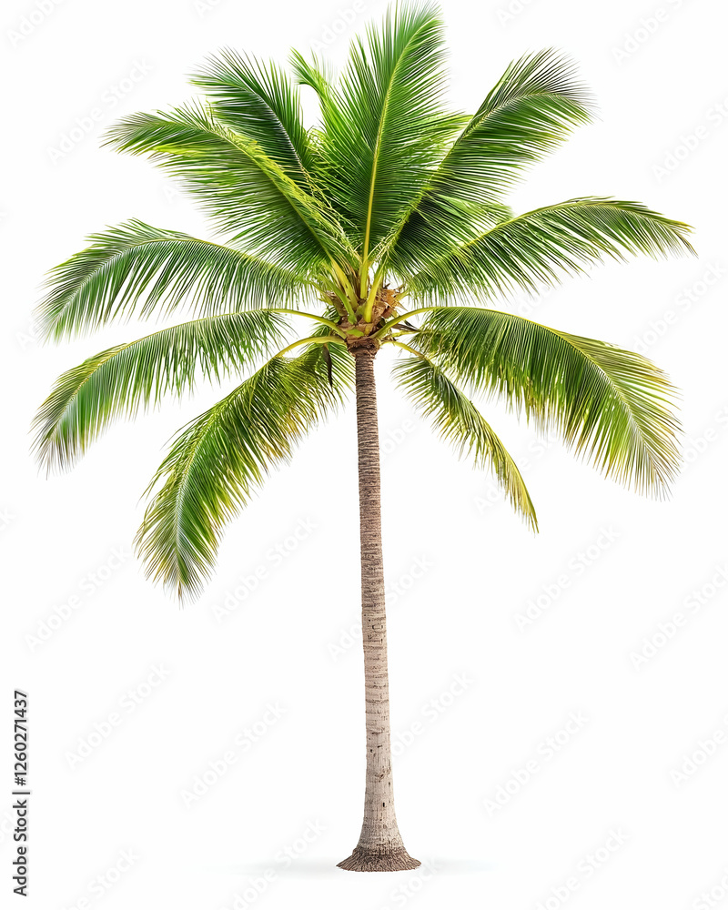 Obraz premium Palm Tree Isolated on White Backdrop. Summer and Tropical Scene. For prints