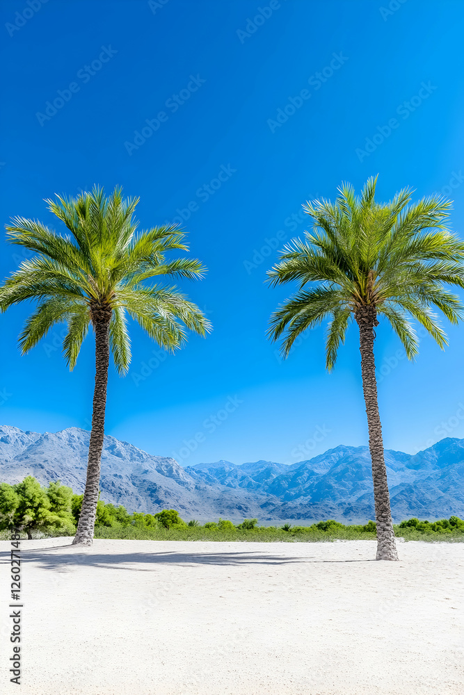 Palm trees stand on a white sand beach with mountains in the background, summer travel Palm trees stand on a white sand beach with mountains in the background, summer travel