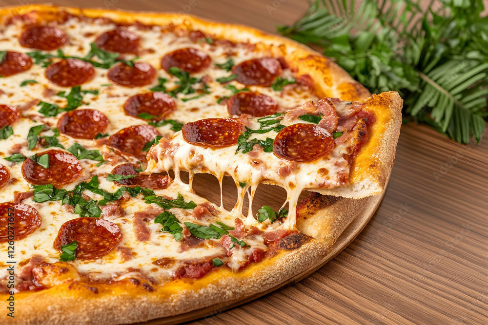 Pepperoni pizza slice pull on wood table with leafy decor. Delicious food ad Pepperoni pizza slice pull on wood table with leafy decor. Delicious food ad