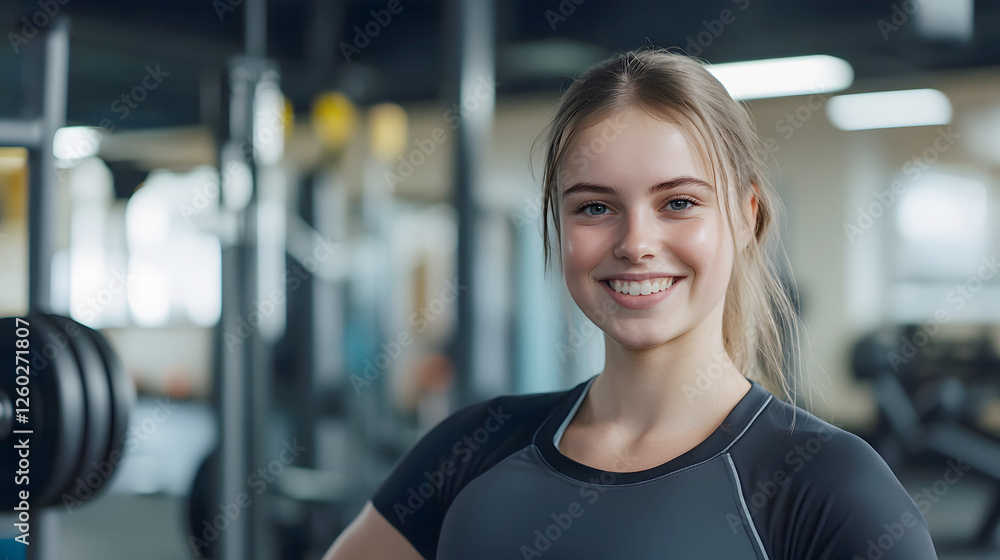 Fototapeta premium Confident and Motivated Blonde Woman Posing with Barbell and Weights at Fitness Gym Smiling and Showing Positive Energy During Intense Strength Training Workout Session
