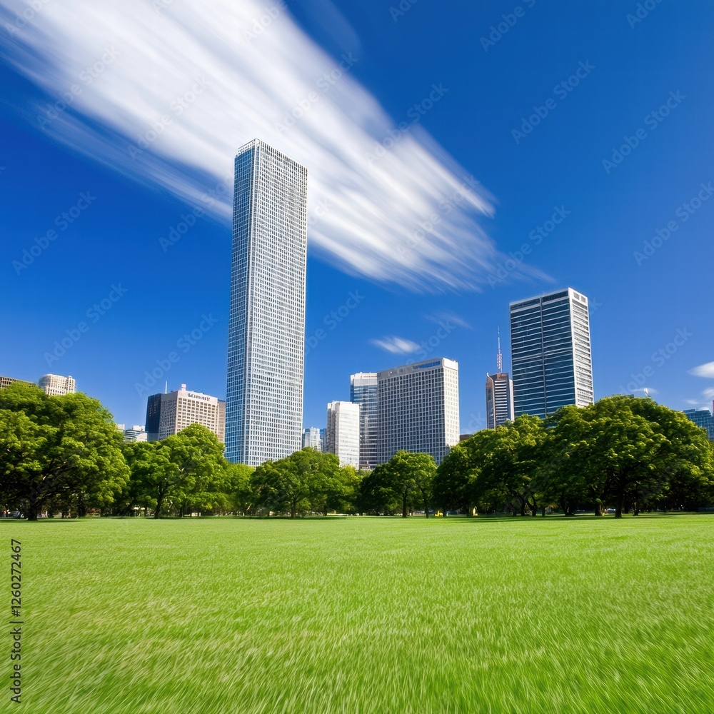 Obraz premium Modern City Skyline with Tall Buildings under Clear Blue Sky and Lush Green Park
