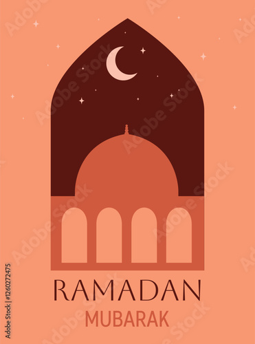 Islamic window card with mosque view in boho style. Poster in oriental style with modern design. Arabic muslim frame for Ramadan Mubarak