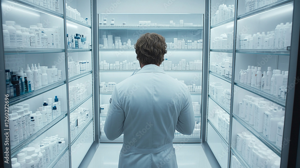 Fototapeta premium Person views shelves of medicine in a sterile lab or pharmacy setting. Back view of researcher or pharmacist assessing inventory in minimalist setting.