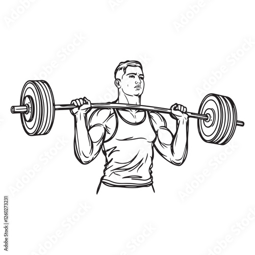 Barbell Lifting Man Minimalist Outline - Gym Fitness Vector - Man Weight Lifting Silhouette - Weightlifting Man Doodle - Man Weight Lifting Line Art
