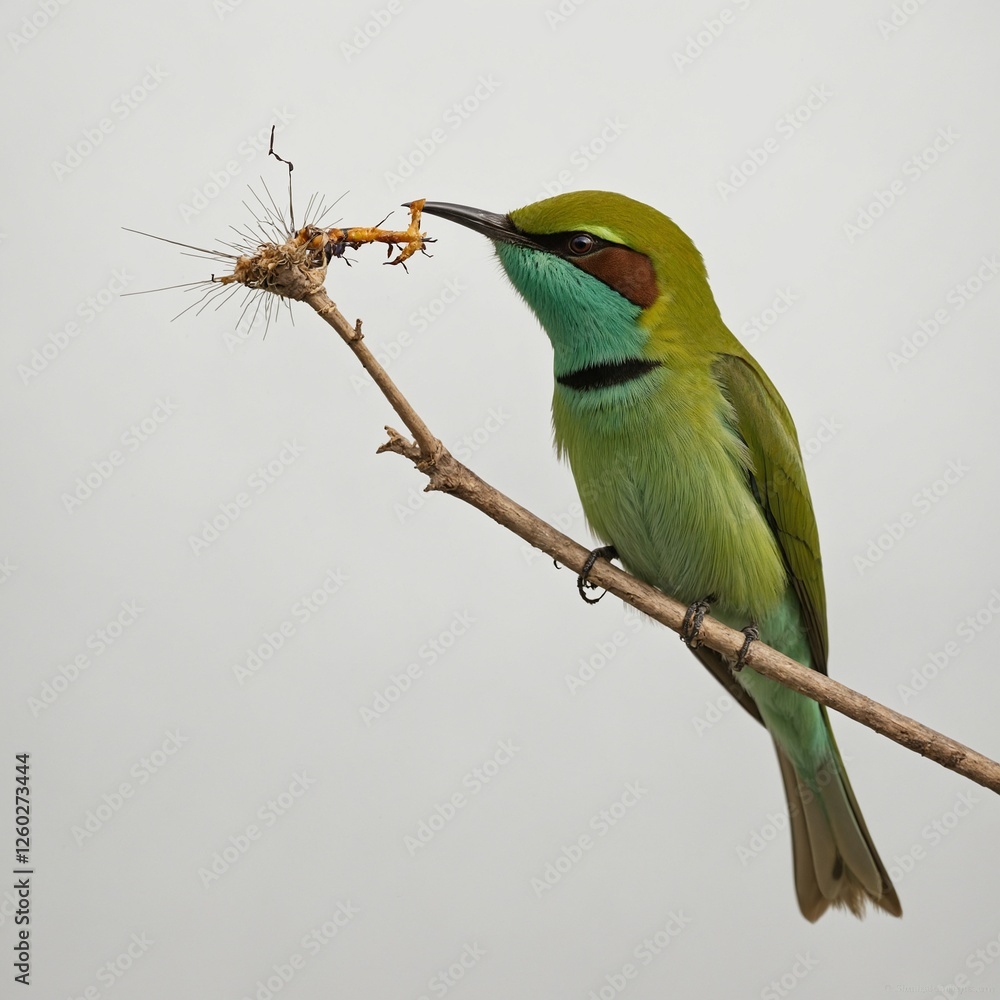 Obraz premium A green bee-eater catching an insect, pure white background.