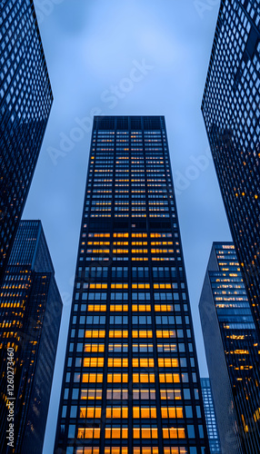 Skyscrapers illuminated at dusk, urban city view, architectural details photo