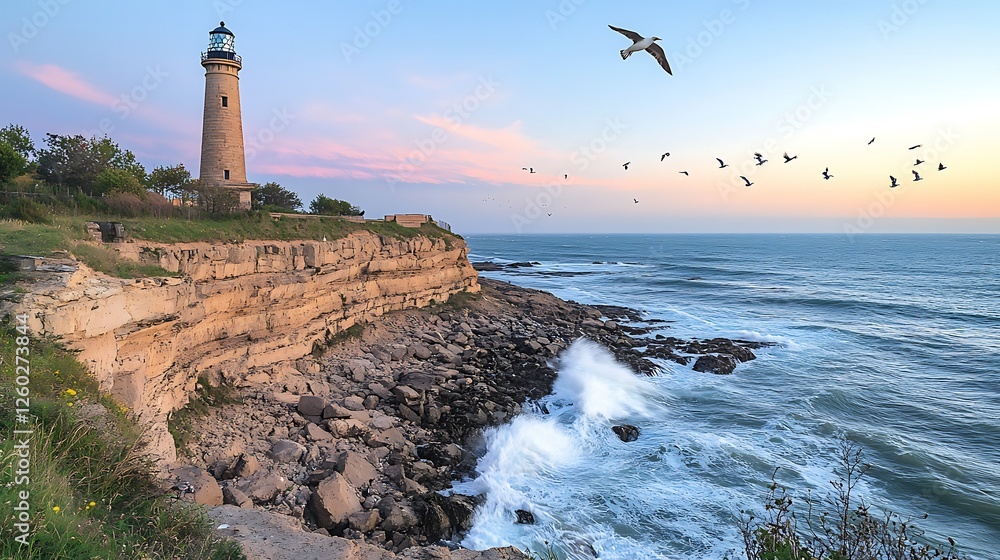 Obraz premium Coastal Lighthouse Sunset, Birds Flying, Ocean Waves