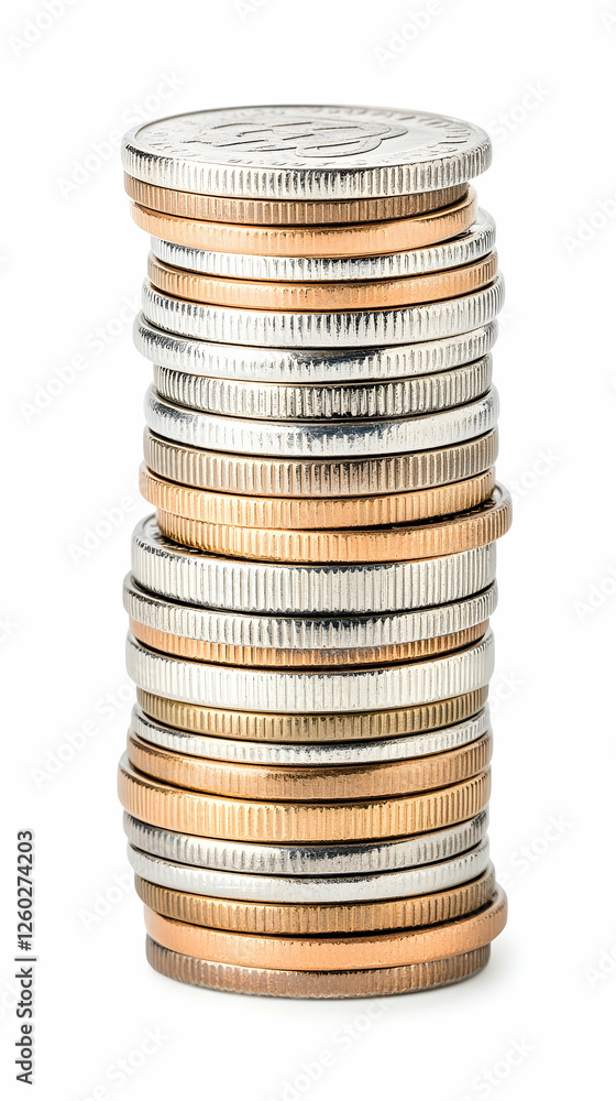 Stack of mixed coins on white background shows financial concept