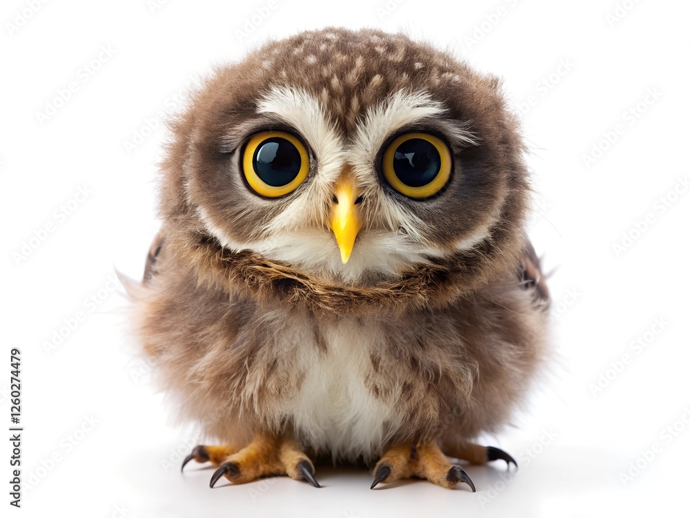 Obraz premium Adorable Baby Owl with Big Round Eyes on white Background