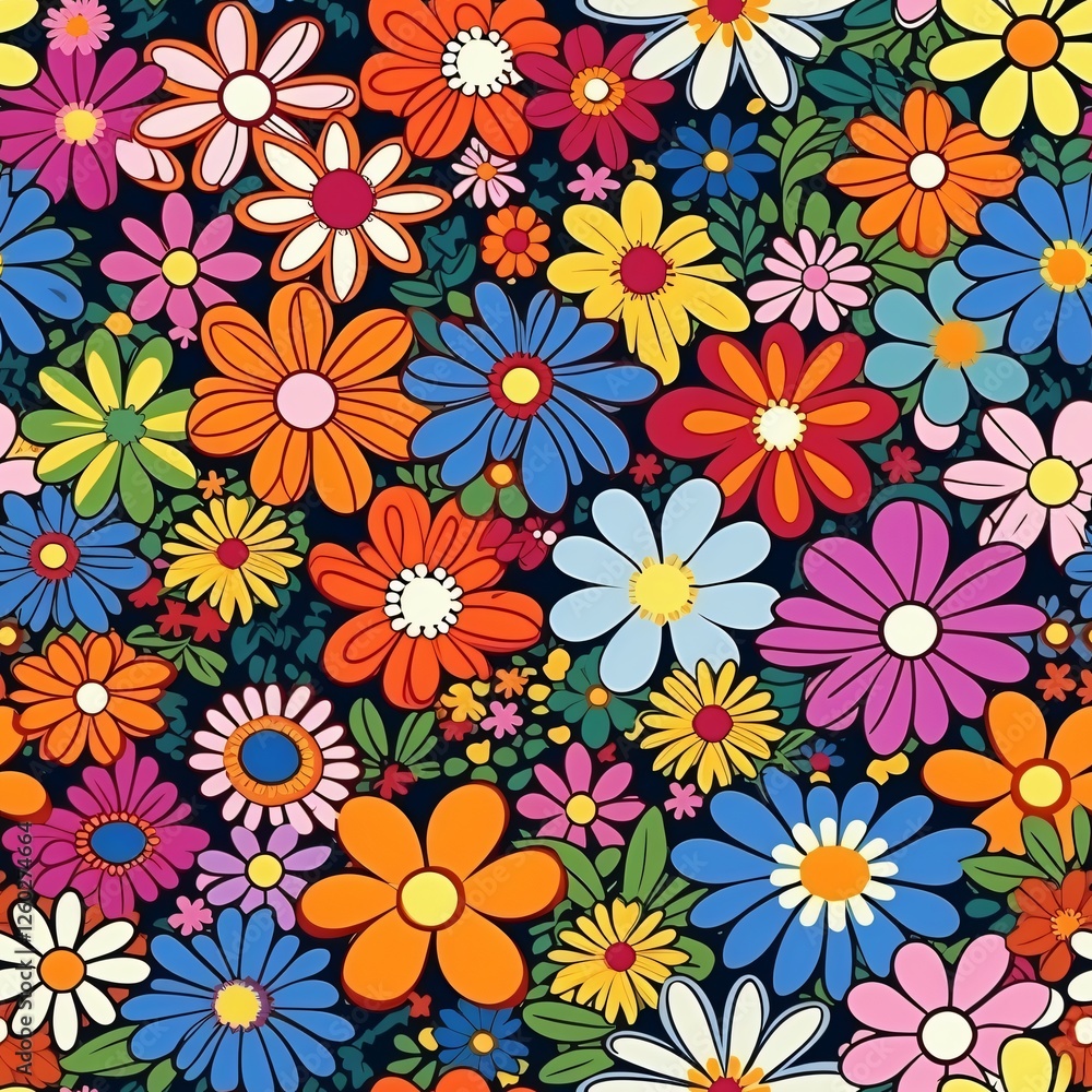 seamless pattern of daisies hippie style wallpaper, banner, designs cartoon bright colors seamless pattern of daisies hippie style wallpaper, banner, designs cartoon bright colors