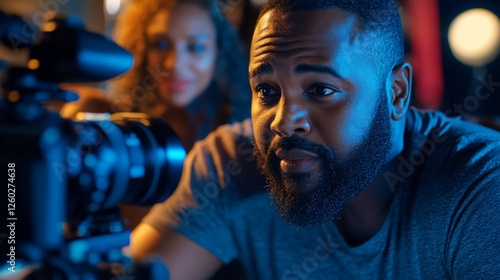 Filmmaker focusing on camera, crew in background, night shoot, behind-the-scenes photo