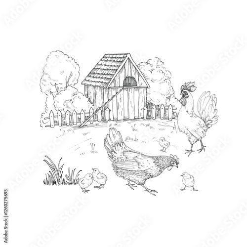Landscape with a hen, chicks and a rooster on the background of trees, bushes and a chicken coop. Vector illustration drawn with ink by hand. Sketch scene of a farm.