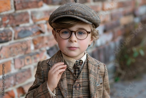 A charming young boy in a tweed suit and newsboy cap poses against a brick wall. photo