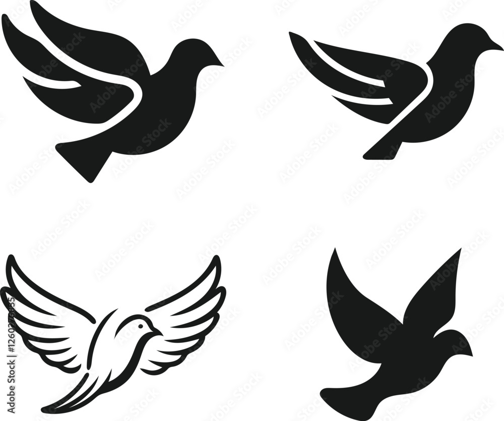 Fototapeta premium Four Simple Black and White Pigeon Silhouettes in Flight