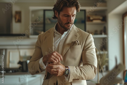 Wallpaper Mural A stylish man adjusts his cufflinks while wearing a beige blazer and white shirt in a modern home. Torontodigital.ca