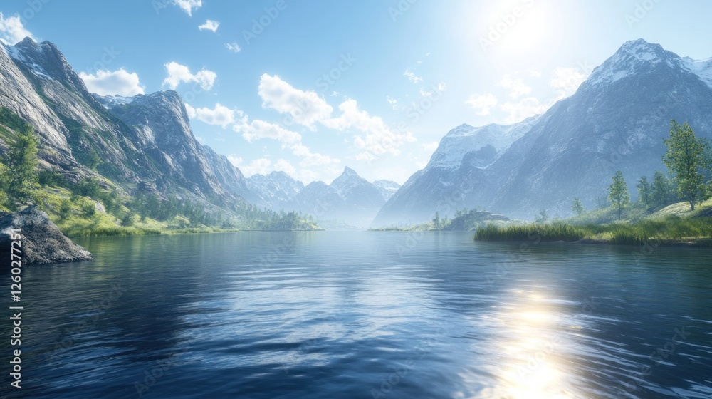 Calm mountain lake, sunny day, tranquil scenery, travel poster Calm mountain lake, sunny day, tranquil scenery, travel poster