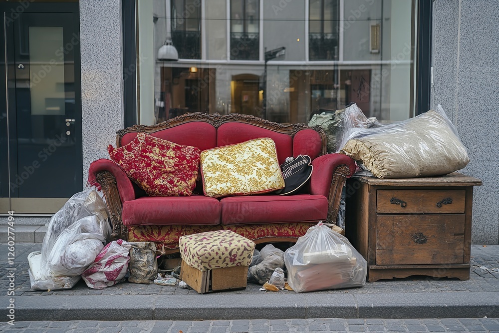 Discarded Red Sofa, Wooden Chest, and Cushions Sit Curbside Awaiting Disposal
