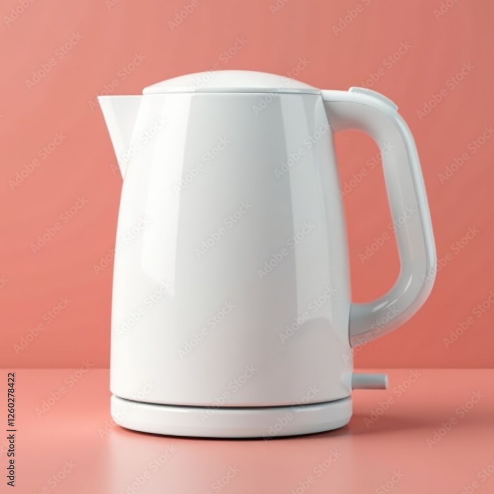 Sleek white electric kettle; curved handle, hidden element , contemporary, modern design, appliance Sleek white electric kettle; curved handle, hidden element , contemporary, modern design, appliance