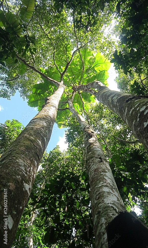 Fototapeta premium Low angle view of tall rainforest trees canopy with sunlight