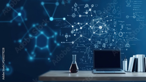 Modern Workspace with Laptop and Scientific Graphics on Blue Background