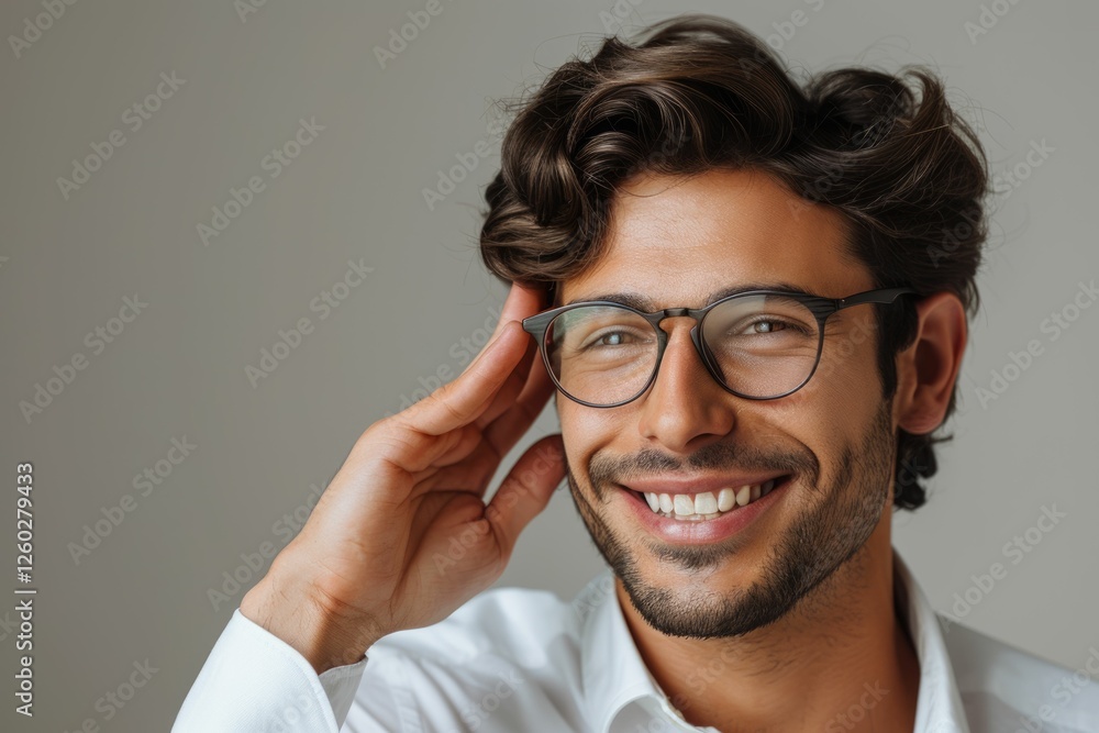 A smiling man with wavy brown hair wearing glasses, hand gently touching his temple. A smiling man with wavy brown hair wearing glasses, hand gently touching his temple.