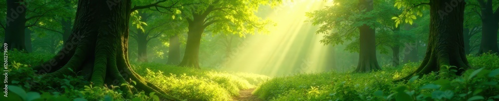 Fototapeta premium Sunbeams dapple vibrant green canopy, magical forest light , woodland, stock, forest