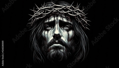 Portrait of Jesus Christ with a crown of thorns and an anguished expression on his face