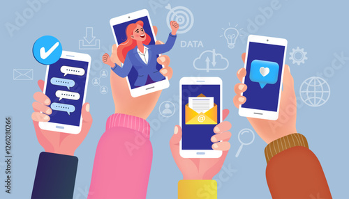 Social media marketing concept with multiple hands holding phones. Users are engaging with a brand by chatting, liking, and messaging. Business icons in the background represent a successful strategy.