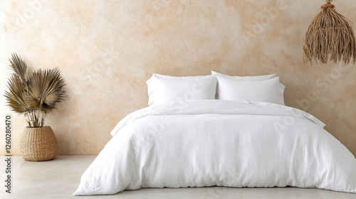 White linen bedding in boho bedroom