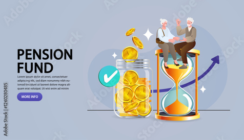 A senior couple sits on an hourglass next to a jar of coins on a "Pension Fund" web banner. This concept symbolizes successful retirement planning, long-term investment, and financial security.