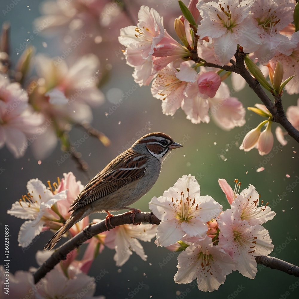 A tiny sparrow skillfully arranging cherry blossoms and lilies while a soft rainbow glows behind it. A tiny sparrow skillfully arranging cherry blossoms and lilies while a soft rainbow glows behind it.