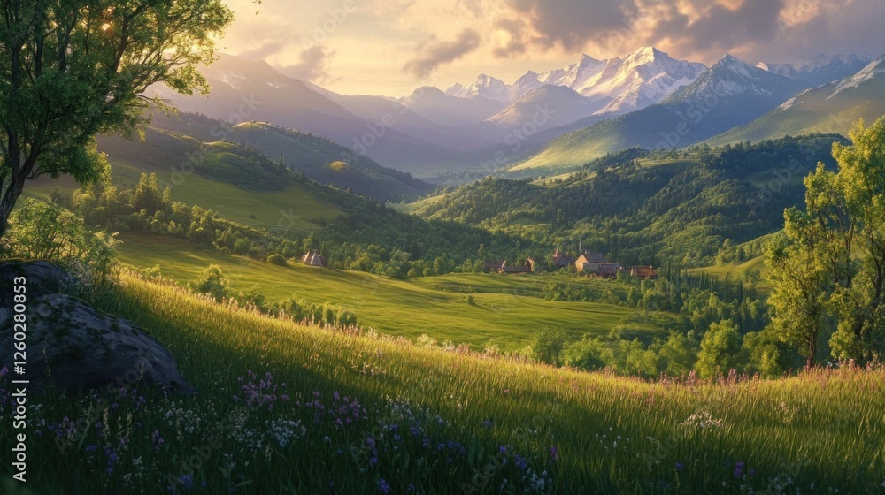 Fototapeta premium Mountain village sunset scenic landscape, idyllic rural scene, travel postcard