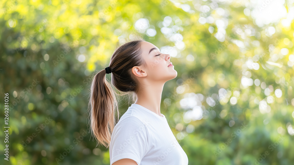 A young woman embracing mindfulness with a deep breath outdoors A young woman embracing mindfulness with a deep breath outdoors