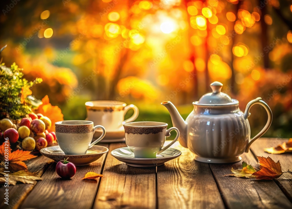 Fototapeta premium Autumn's gentle bokeh embraces a coffee and tea set, creating a cozy morning scene.
