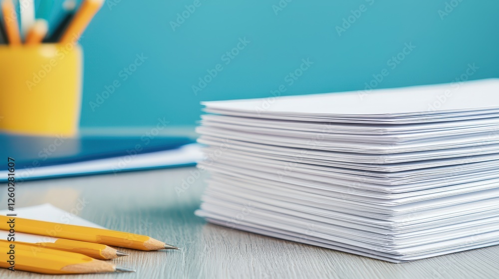 School Concept, Stack of Freshly Printed Worksheets on a Wooden Desk with Pencils and Stationery in a Classroom Setting School Concept, Stack of Freshly Printed Worksheets on a Wooden Desk with Pencils and Stationery in a Classroom Setting
