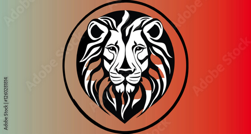 A stylized, black and white lion's head graphic dominates a circular center, situated against a backdrop of a gradient color scheme.