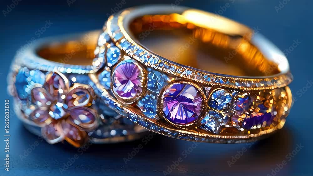 A pair of gold rings adorned with black and orange gemstones, symbolizing love, elegance, and commitment A pair of gold rings adorned with black and orange gemstones, symbolizing love, elegance, and commitment