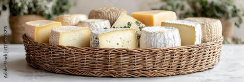 A beautifully crafted cheese display featuring different varieties set against a backdrop of natural decor, inviting viewers into a world of culinary artistry and enjoyment.