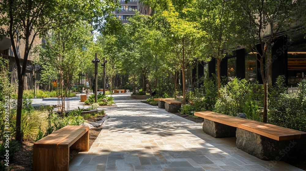 Urban park pathway, benches, sunlight, greenery, city backdrop, relaxation Urban park pathway, benches, sunlight, greenery, city backdrop, relaxation