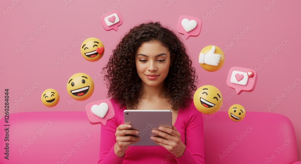 Woman using tablet with social media icons on pink background. Woman using tablet with social media icons on pink background.