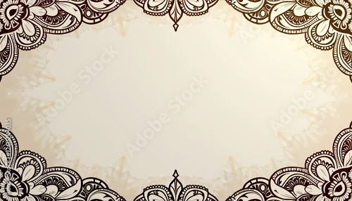 Ornate henna-inspired background featuring delicate mehndi-style floral and geometric designs in soft brown on ivory parchment