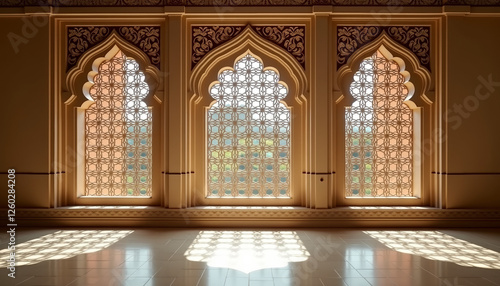 Traditional Indian lattice window background featuring geometric jaali patterns in carved sandstone, casting soft light and shadows