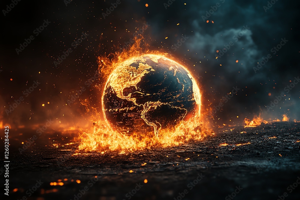 A dramatic representation of Earth engulfed in flames, symbolizing climate change and environmental crisis. A dramatic representation of Earth engulfed in flames, symbolizing climate change and environmental crisis.