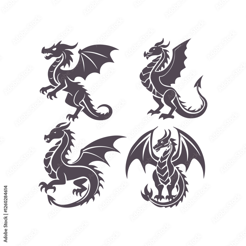 Naklejka premium Dragon Silhouette Clipart Set Vector Illustration Collection