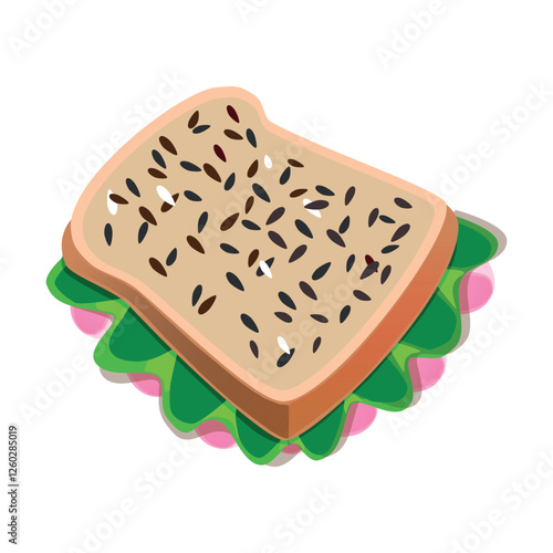 Brown hand drawn vector illustration of rectangular piece of bread with seeds and pork and salad isolated on white background