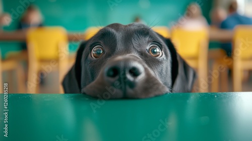  a black labrador retriever looking over a green table in a classroom, with a few people sitting on chairs in the background The background is slightly blurred, giv photo