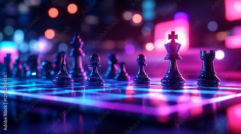 Neon Chessboard Strategy Game Night City Neon Chessboard Strategy Game Night City
