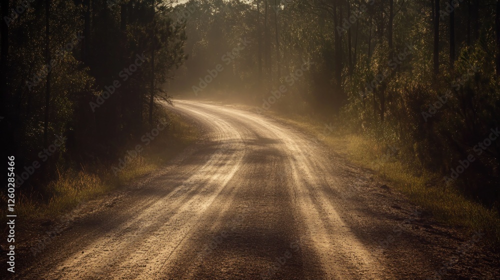 Misty forest road curves, sunlit path. Peaceful nature scene, travel background Misty forest road curves, sunlit path. Peaceful nature scene, travel background