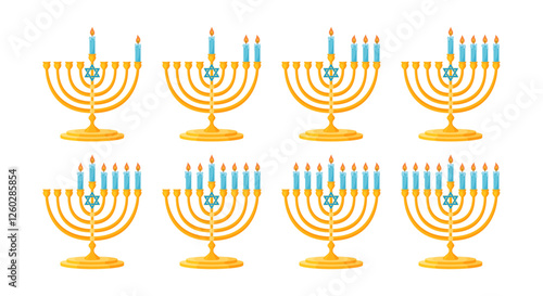 Menorah nine candles lighting order. Hand drawn trendy flat style isolated icon Jewish holiday of Hanukkah traditional nine branched candelabrum. Happy Hanukkah Vector illustration